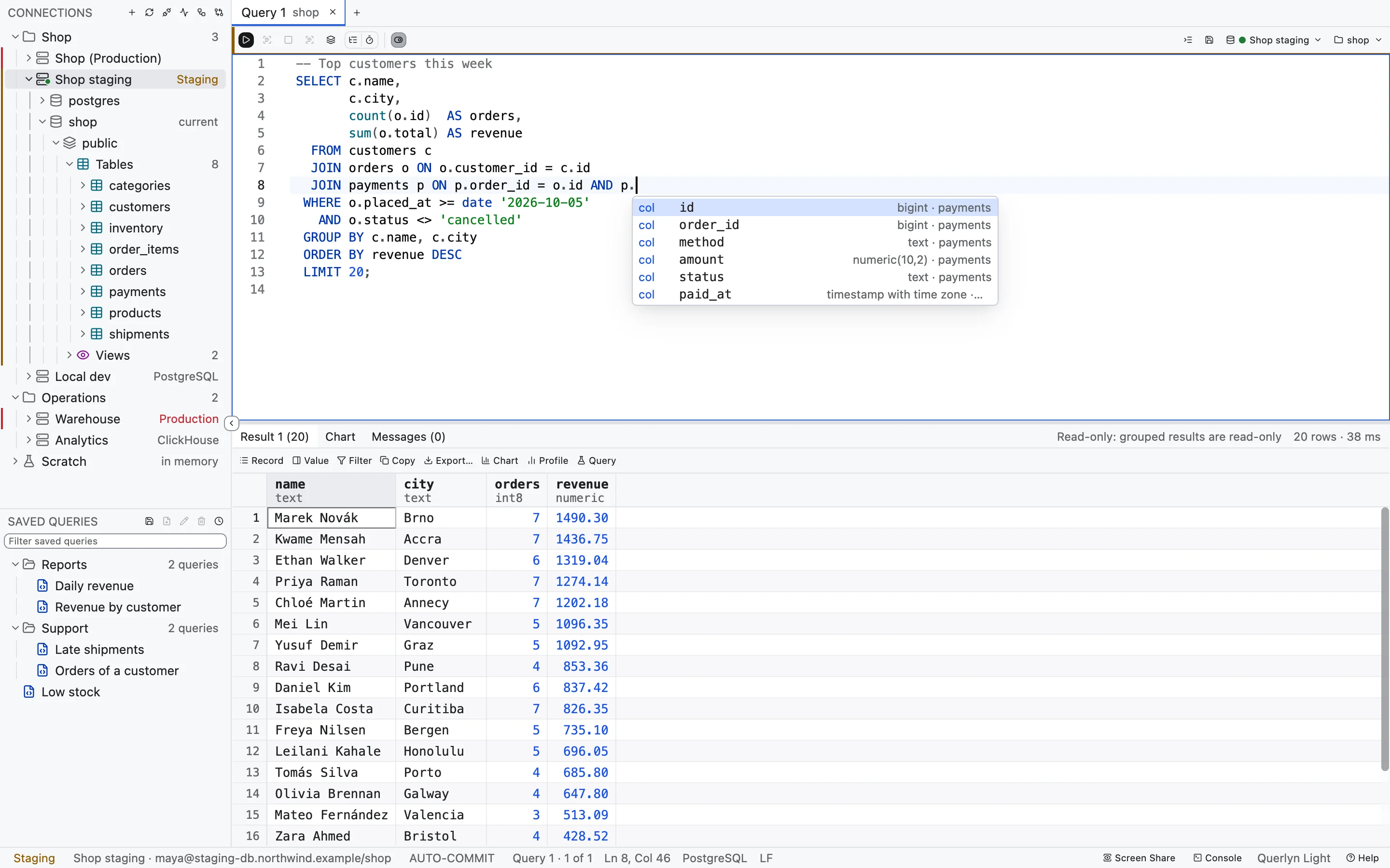 Querlyn SQL editor showing column completion for a join, a connection tree, and query results from the Northwind sample world.