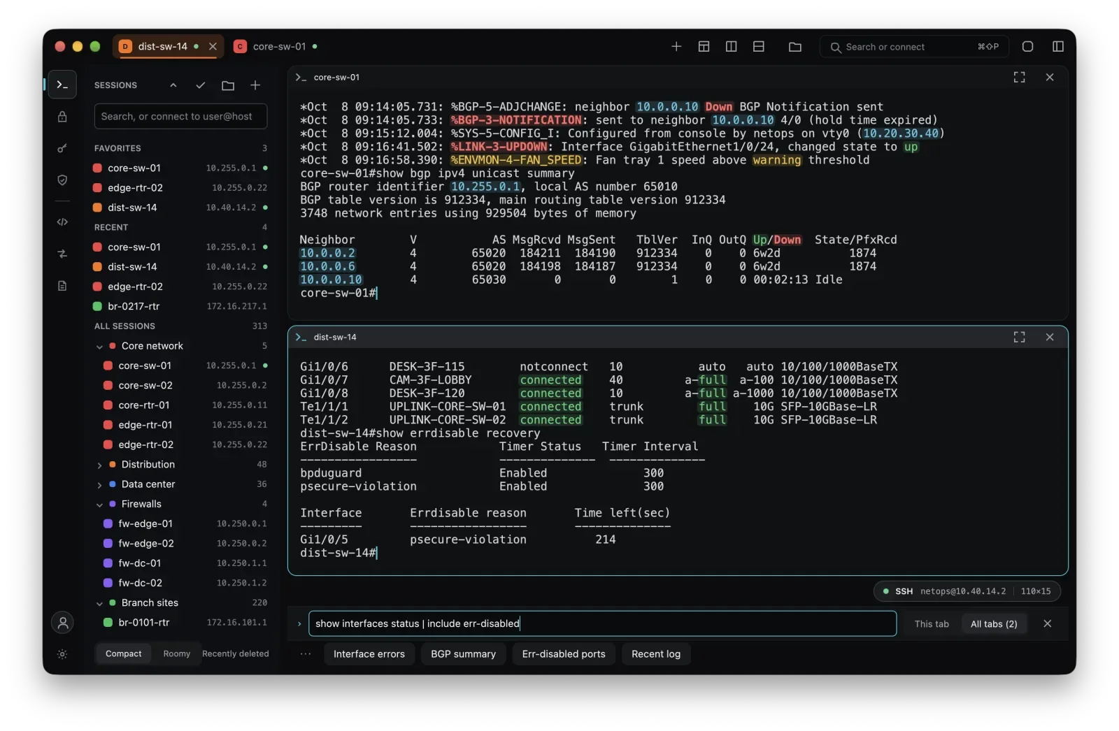 Termyn showing two terminal sessions in split panes with a shared command window below.